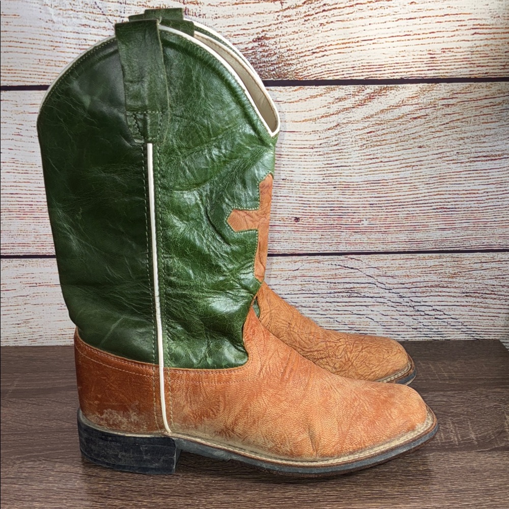 Pre Owned Old West Leather w/ Cross Cowboy Boots Youth Size 6 Green & Tan